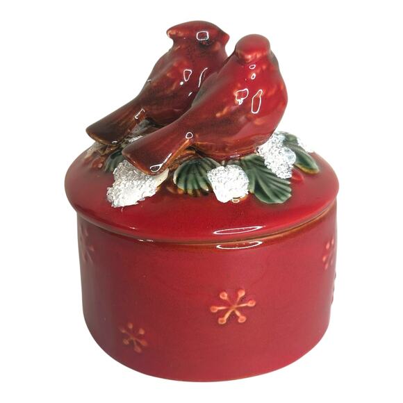Red Cardinals Merry Christmas Ceramic Lidded Trinket Box Holiday Winter Canister - Picture 3 of 9